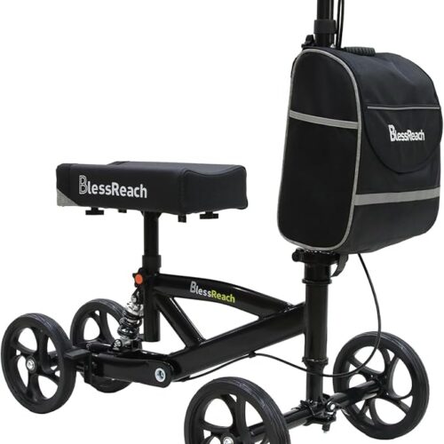 Steerable Knee Walker Deluxe Medical Scooter for Foot Injuries Compact Crutches, with Dual Rear on-Wheel Brake and Shock Absorption Under The Knee pad, Black