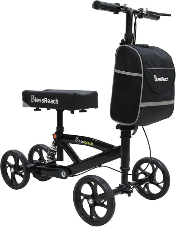Steerable Knee Walker Deluxe Medical Scooter for Foot Injuries Compact Crutches, with Dual Rear on-Wheel Brake and Shock Absorption Under The Knee pad, Black Steerable Knee Walker Deluxe Medical Scooter for Foot Injuries Compact Crutches, with Dual Rear on-Wheel Brake and Shock Absorption Under The Knee pad, Black